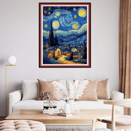 Image of Fanxvivy Stamped Cross Stitch Kits for Beginners Full Range of Cross Stitching Preprinted Embroidery Kits for Adults, 11CT Embroidery Pattern Needlepoint Kits-Van Gogh's House Starry Sky 16x20 inch