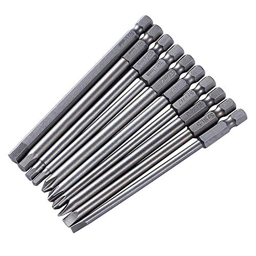 Rocaris 10pcs 1/4 Inch Hex Shank Long Magnetic Screwdriver Bits Set 100mm Power Tools (Slotted+Cross+Hex head)