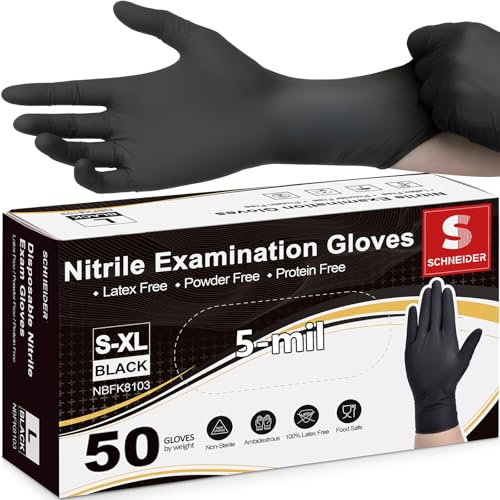 Image of Schneider Medical Black Nitrile Exam Gloves, 5 Mil Latex-Free & Powder-Free Disposable Gloves for Cooking