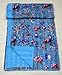 Marusthali Handmade Cotton Kantha Quilt Indian Bedspread Throw Blanket, Bird Print Kantha Blankets, Reversible Kantha Quilt (Queen 90 X 108 Inches, Blue)