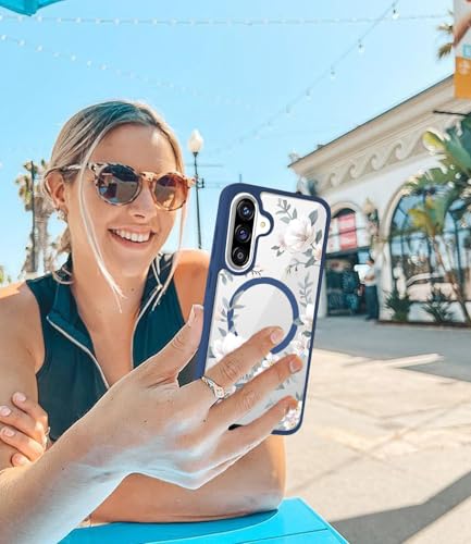 Image of VONZEE Compatible with Samsung Galaxy A17 5G Case Luxury Retro Flowers Floral Clear for Magnetic Wireless Charging Case Shockproof PC+TPU Cute Glossy Shiny Cover for Girls Women, Blue