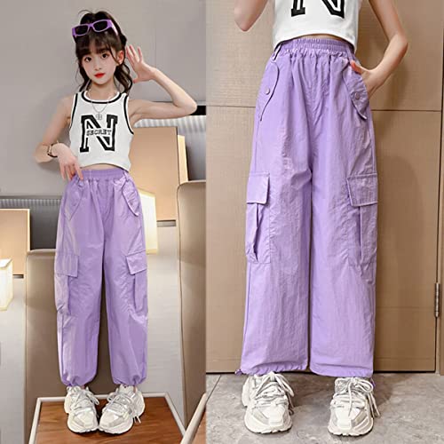 Parachute Pants for Girls Cargo Trousers Elastic Waist Wide Leg Track Pants Y2k Clothing Kids 5-14 Years3