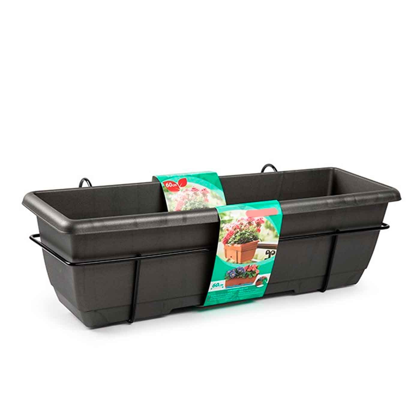 Acan Tradineur - Jardinera para Balcón con Plato y Soporte Metálico - Modelo PLFT - 60 x 28 x 19,5 cm - Color Antracita