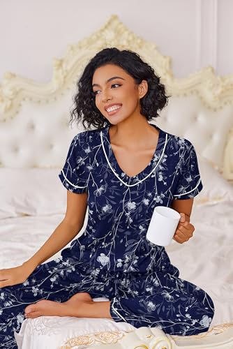 Ekouaer Pajamas for Women Set 2 Piece Lounge Set Soft Pajama Sets Short Sleeve and Pants Pj Sets Loose Sleepwear with Pockets — view 3