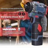Weytoll Wiertarko-wkrętarka akumulatorowa, 16,8 V, zestaw z akumulatorem 1300 mAh x 2, moment obrotowy na 23 + 1 stopniach, wiertarka akumulatorowa z 2-biegową diodą LED, bezszczotkowa wkrętarka
