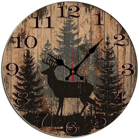 Amazon.com: Kurmntregon Round 12" Rustic Cabin Deer Wall Clock Forest ...