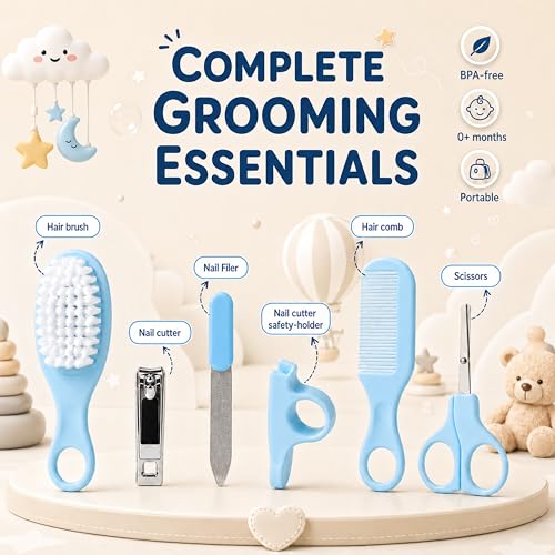 Image of StarAndDaisy baby grooming / care kit for new born baby , baby comb hair for new born Hair Brush, Comb,Baby Nail Scissor,Baby Nail Cutter,nail cutter safety holder, Nail Filer for Infants & Toddler (Care Kit-Blue)
