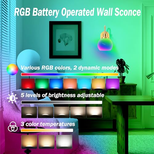 Image of Battery Operated Wall Sconce Set Of Two, RGB Color Changing Dimmable Sconces With Remote For Bedroom Living Room, Easy To Install