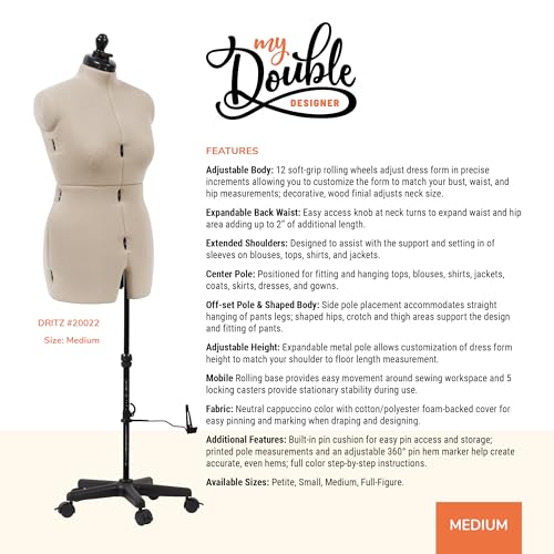 Dritz My Double Designer Adjustable Dress Form - Medium Size US 14-20 - Female Clothing Mannequin for Sewing, Fitting, and Draping - Pinnable Sewing Mannequin with 13 Dials for Fitting + 360 Hem Guide by Dritz - Image 2