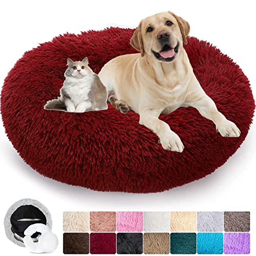 Puppy Love Hundebett, Katzenkorb für Hunde, ausziehbar, beruhigendes Hundekissen, waschbar, bequemes Bett für kleine mittelgroße und große Hunde, weich und flauschig (Ø50 cm, Rot)
