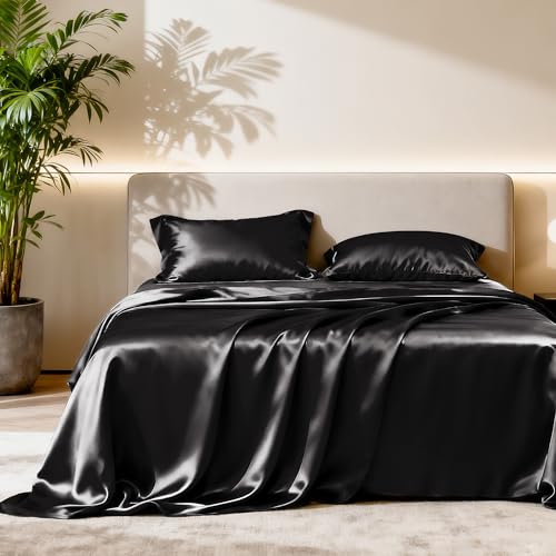 Image of Love's cabin Satin King Sheet Sets - 4 Piece Black Silky Sheets King Size Bed Set with Deep Pocket, Luxury Silk Feel King Size Satin Sheet Set (1 Flat Sheet,1 Fitted Sheet,2 Pillow Cases)