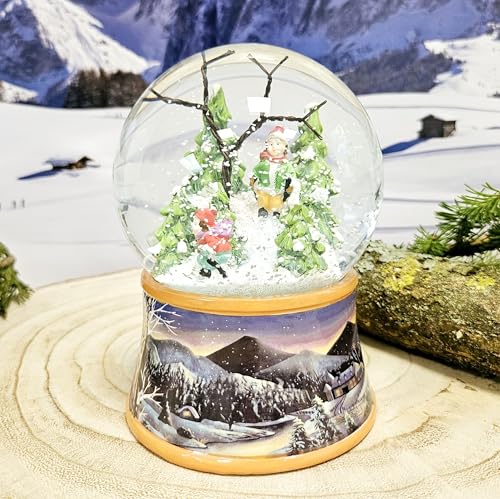 Schneekugel Weihnachten mit Musik | Nostalgische Skifahrer | Sockel...