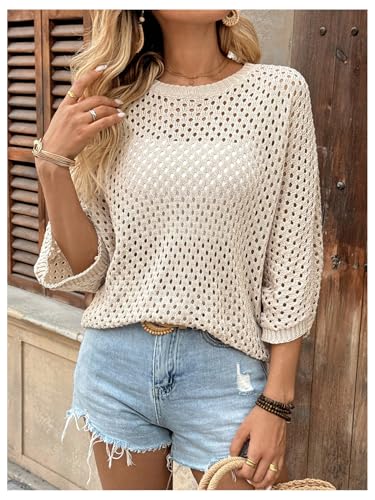 Women's Crochet Hollow Out Sweater 3/4 Sleeve Knit Pullover Summer Boho Tops Concert Outfits3