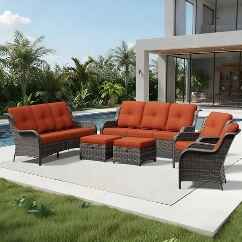 Image of Joyside 6 Piece Wicker Patio Furniture Set, Rattan Patio Chairs with High Back, Deep Seating, Wide Armrest, Thickened Cushions, Outdoor Furniture for Deck, Porch Use