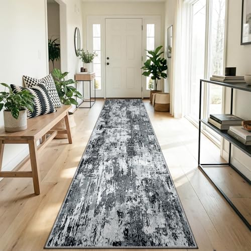 DEFYNEE Teppich Läufer 60 x 180 cm, rutschfest Teppichläufer, Kurzflor Küchenläufer, Waschbar, Faltbar, Abstraktes Design für Eingang, Küche, Wohnzimmer & Büro, Schwarz