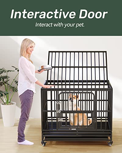 38 Inch Heavy Duty Dog Crate | Dog Kennel For Small Medium Large Dog | Strong Metal Escape Proof Dog Cage | Removable Tray & Lockable Wheels #TOP2