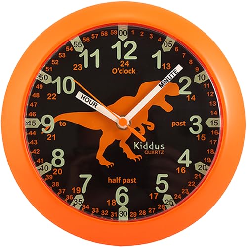 Kiddus Horloge murale pour enfant garçon et fille Horloge d’apprentissage analogique avec exercices Facile à lire pour apprendre facilement à lire l'heure Anglais Dinosaure