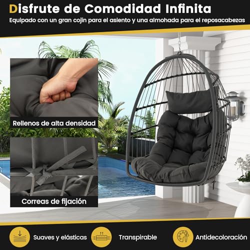 Silla colgante tipo huevo con cojín columpio plegable de exterior e interior para 150kg 4