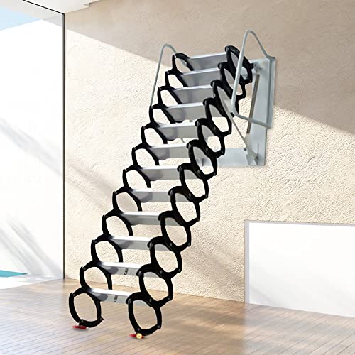 Tfcfl Wall Mounted Folding Ladder 2.9-3.1M 12 Steps Home Attic Stairs Pull Down Retractable Loft Ladder Stairs Al-Mg Alloy Attic Access Ladder (Black) #TOP2