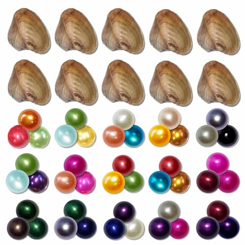 10PC Freshwater Pearl Oyster Love Wish Pearl Oyster with Round Pearl Inside Meaningful Color Cultured Oyster Pearls Beads for Jewelry Making Crafts Gifts(5.5-7.5mm Pearls, 30 Pearls/Lot, 10 Oysters)