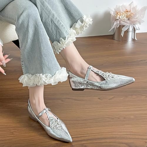 Women's Patent Leather Floral Pointed Closed Toe Internal Height Increase Mary Janes Fashion Adjustable T-Strap Comfortable Flat Dress Pumps for Office Daily Dating Party4