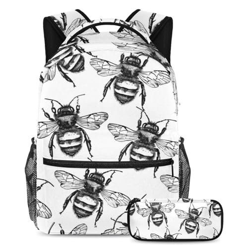 Sac à dos polyvalent 2 pièces abeille noire et blanche grand sac scolaire Large