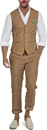 Suit for Men Slim Fit 2 Piece Linen Vest and Pants Set for Beach Prom Wedding or Casual Daily Outfit