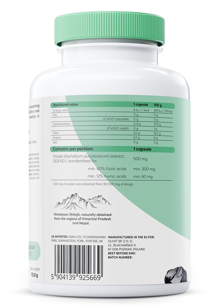 Osavi Shilajit de l'Himalaya 500 mg, Extrait Mumijo Standardisé à 60% Acides Fulviques et 12% Humiques, Soutien de la Vitalité et Équilibre Ayurvédique, 120 Gélules Végétales