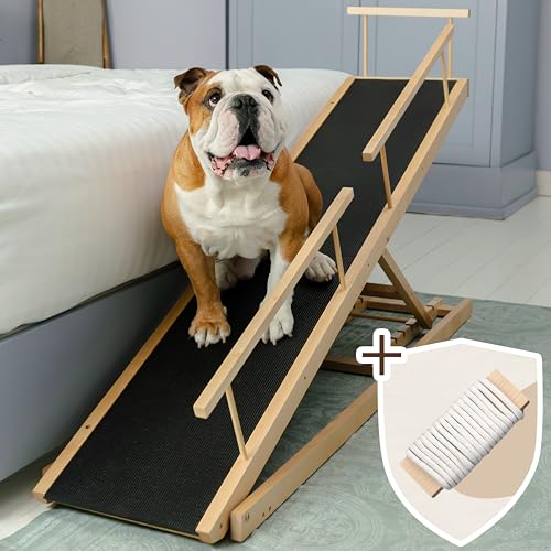 Dog-ramp-for-Bed-PRIORPET-Birchwood-Adjustable-Ramp-for-Dogs-to-Get-on-Bed-Dog-ramps-for-High-Beds-up-to-32-Inches--Foldable-Ramp-Anti-Slip-Grip-Safety-Rails-Small-Dogs-Up-to-50lbs--Natural