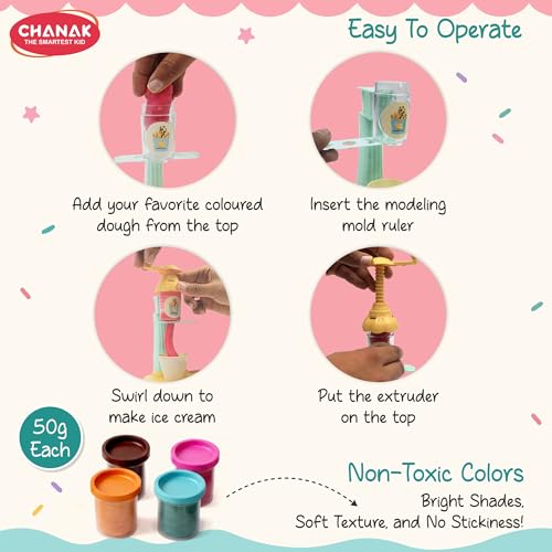 Image of Chanak Play Dough Ice Cream Maker Set, Safe Non-Toxic Wooden Ice Cream Cart Toy with Clay Machine for Kids 3+, Montessori Pretend Play Toy Cafe, Perfect Learning Gift Ice Cream Toys for Girls & Boys