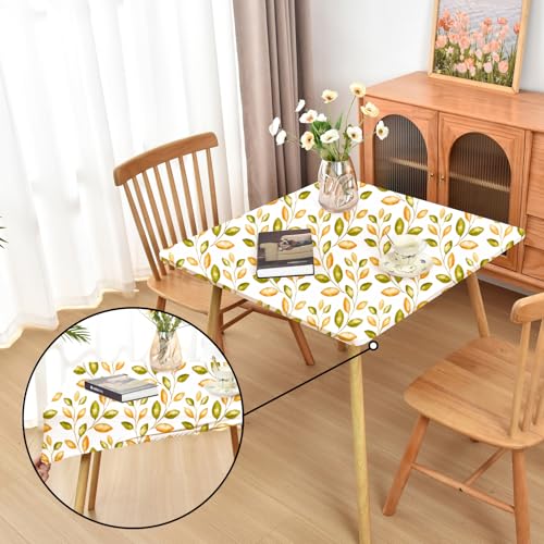 Amonsa Fall Table Cloth Square Fitted Tablecloth with Elastic Edge: Stretchy Washable Fabric Cloth Coffee Table Protector Green and Gold Leaf 34x34 Inch
