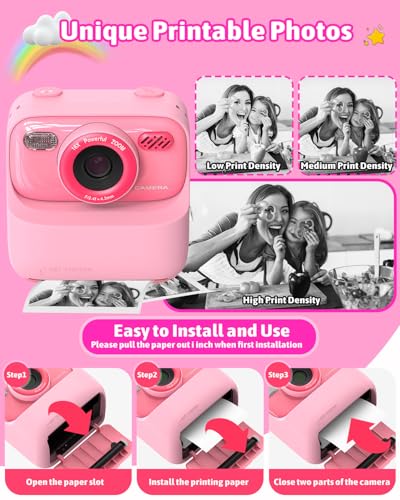 كاميرا اطفال بطباعة فورية من مجاولو، العاب كاميرا رقمية للاطفال مع فيديو عالي الدقة للبنات والاولاد من سن 3-12 سنة، هدية عيد الميلاد للكريسماس للاطفال بعمر 3 4 5 6 7 8 9 سنوات (زهري)