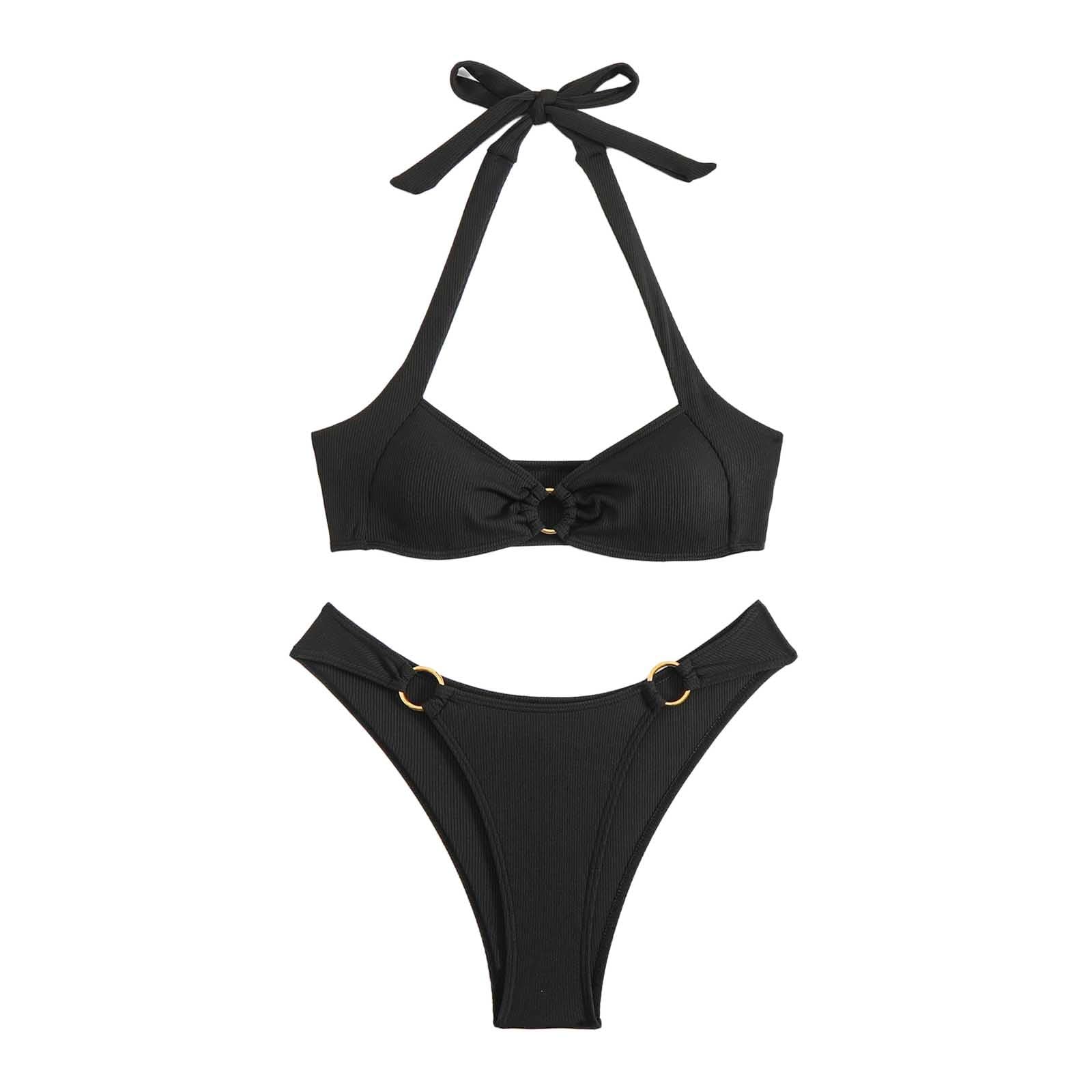Costume da bagno sexy da donna alla moda con anello solido appeso al collo con spacco, bianco, S