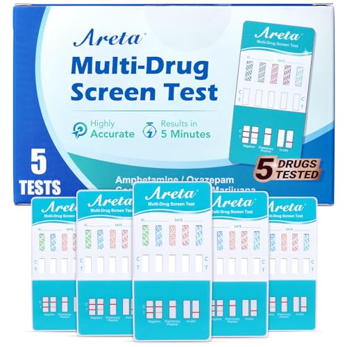 Areta 5 Panel Urine Drug Test Kit - [5 Pack] Testing Marijuana(THC), Cocaine(COC), Opiates(OPI), AMP, BZO, at Home All Drugs Screening Tests Kit, #ADTP-754