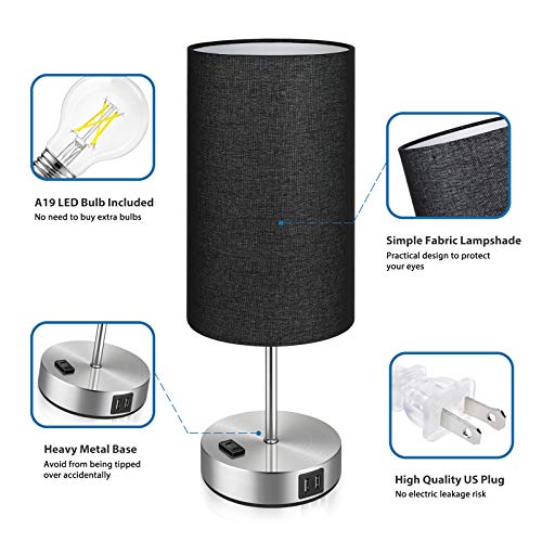 Black Touch Control Table Lamp Set Of 2, With 2 Usb Charging Ports&Ac Outlet, 3-Way Dimmable Bedside Nightstand Lamps With Fabric Lampshade For Reading, Bedroom, Living Room, A19 Led Bulbs Included #TOP4