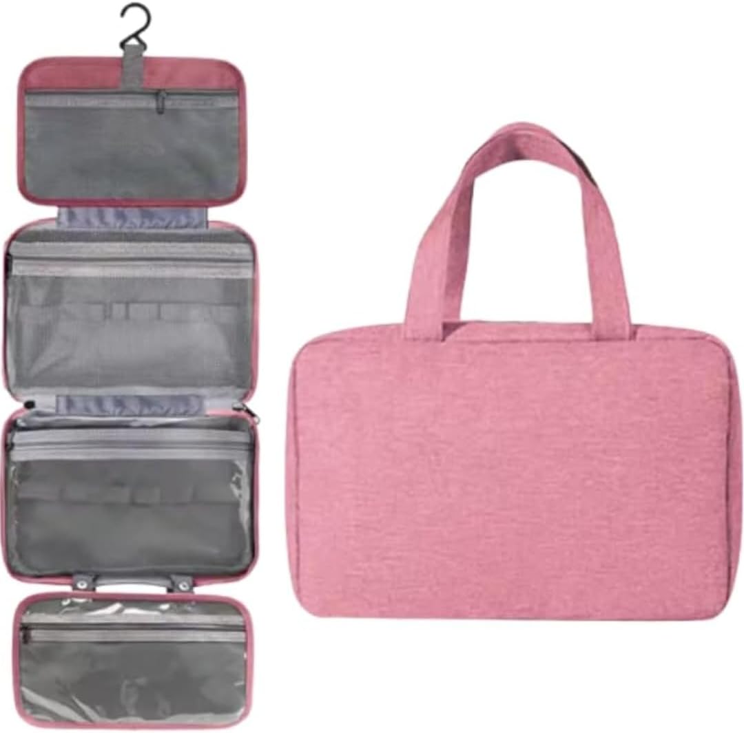 Hanging Travel Toiletry Bag for Women – Pink Makeup Organizer with Hook, Leakproof Compartments, Cosmetic Dopp Kit for Travel Accessories & Essentials