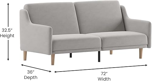 Miniatura 3 de Flash Furniture Delphine Futón convertible con respaldo dividido, tapicería de lino sintético gris, patas de madera maciza, reposabrazos curvados,