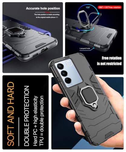 Image of WOW IMAGINE Shock Proof Back Case Mobile Cover for Vivo V27 | V27 Pro 5G (Tough Armor | Hybrid PC + TPU | Full Protection with Ring Holder & in-Built Kickstand | Black)