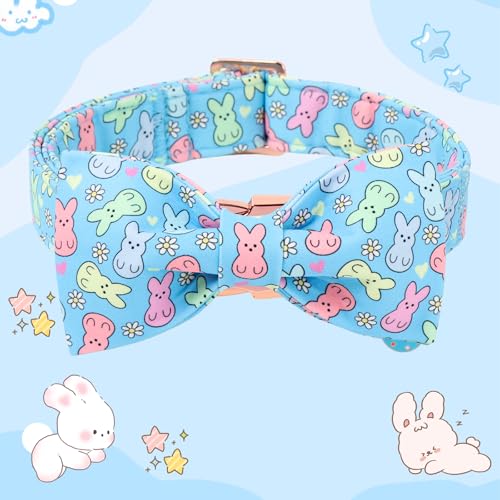Image of DOGWONG Easter Dog Collar, Blue Bunny Print Dog Collar with Bow, Girl Boy Pet Spring Holiday Dog Collars for Small Dogs,S