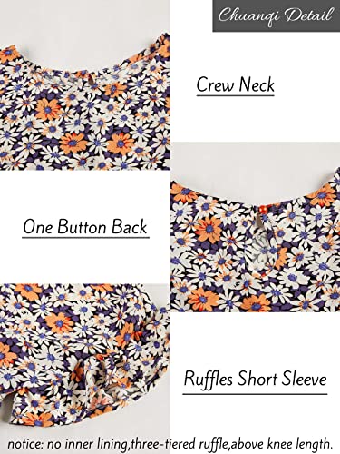 Chuanqi Womens Ruffles Boho Floral Printed Babydoll Loose Swing Casual Short Mini T-Shirt Dress Orange #TOP3