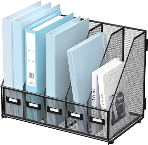 SUPTIDY Organizador de escritorio de metal, organizador de revistas con 5 compartimentos verticales, organizador para oficina, escritorio, espacio de trabajo en casa, color negro