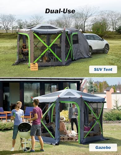 JOYTUTUS Dual-Use Pop up SUV Tent for Camping, 10FT x 10.5FT Big Space 2 Rooms Car Tent for Family, Outdoor Gazebo with 4 Sides Screen, 2 Doors, Portable Carry Bag, Gray Green — view 4