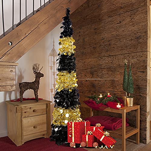 Macting Christmas Tree, Pop Up Christmas Tinsel Tree, With Stand, Easy Assembly, Coastal Glittery Tree, For Holiday Xmas Decorations(Gold And Black) #TOP4