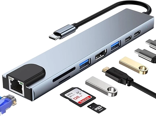 Adaptador Dock Station Hub 8 em 1 Tipo C USB 3.1 PD Adaptador Multiportas Dex USB C com Saída HDMI 4K, Fonte de Alimentação tipo C, Leitor de Cartões entrada Rede