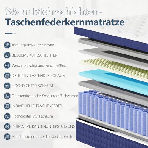 Bednew Matratze 160 x 200cm, 36cm Federkernmatratze H3 Höhe 7-Zonen Orthopädische Taschenfederkernmatratze mit Comfort Memory-Schaum… – Ansicht 3