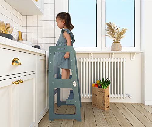 Image of Avenlur Toddler Tower, Date 4-in-1 Kitchen & Learning Tower (Light Blue) | Avenlur Date 4-in-1 Kitchen Tower doubles as a kitchen stool for toddlers, montessori tower, and toddler tower table.