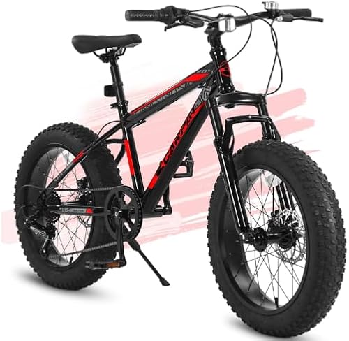 Kids' 20-Inch Fat Tire Bike, 4" Wide Fat Tire Snow Mountain Bike for Ages 8-12, 7-Speed Steel Frame, Durable Teenager Bicycle for Boys and Girls (20'Inch-Black+Red-A)