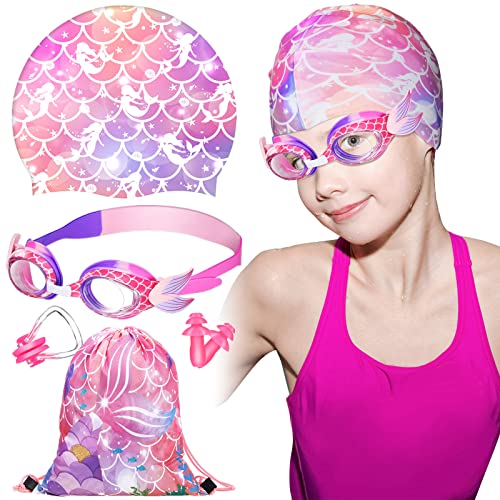 Ramede Mermaid Kids Swimming Cap with Goggles, Silicone for Girls Boys