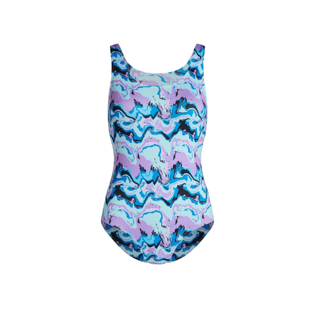 Modibodi Leakproof Period Swimwear for Teens - Thin Strap One-Piece Performance Swimsuit - Super 50ml Absorbency - Marble Blue Y12-14