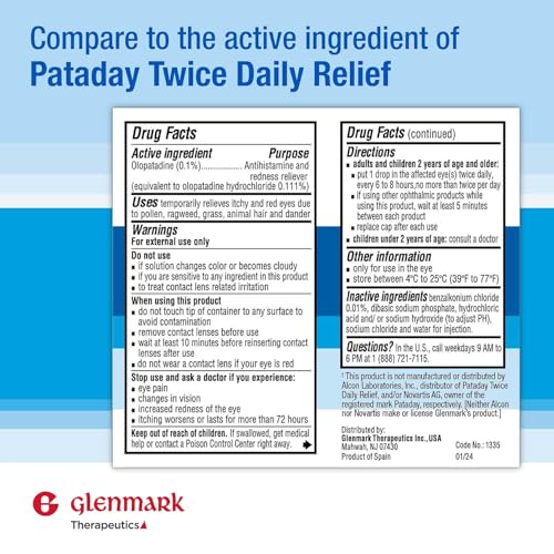 glenmark therapeutics olopatadine eye drops for allergies redness relief antihistamine eye drops allergy relief from pet dander pollen grass ragweed works in minutes olopatadine hcl 01 5ml